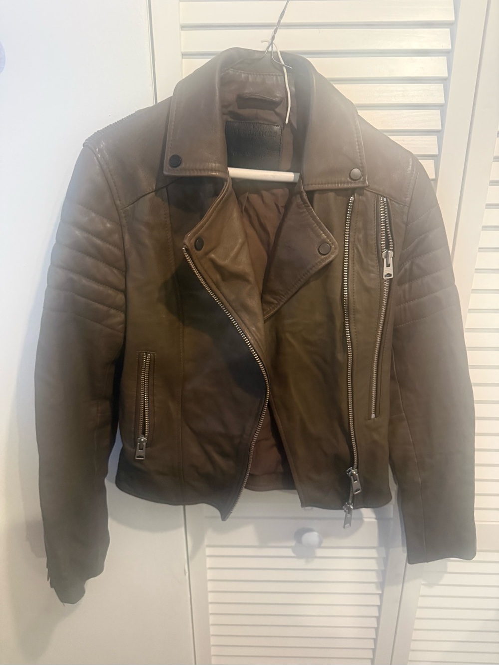 All Saints Olive Green Leather Bomber Jacket